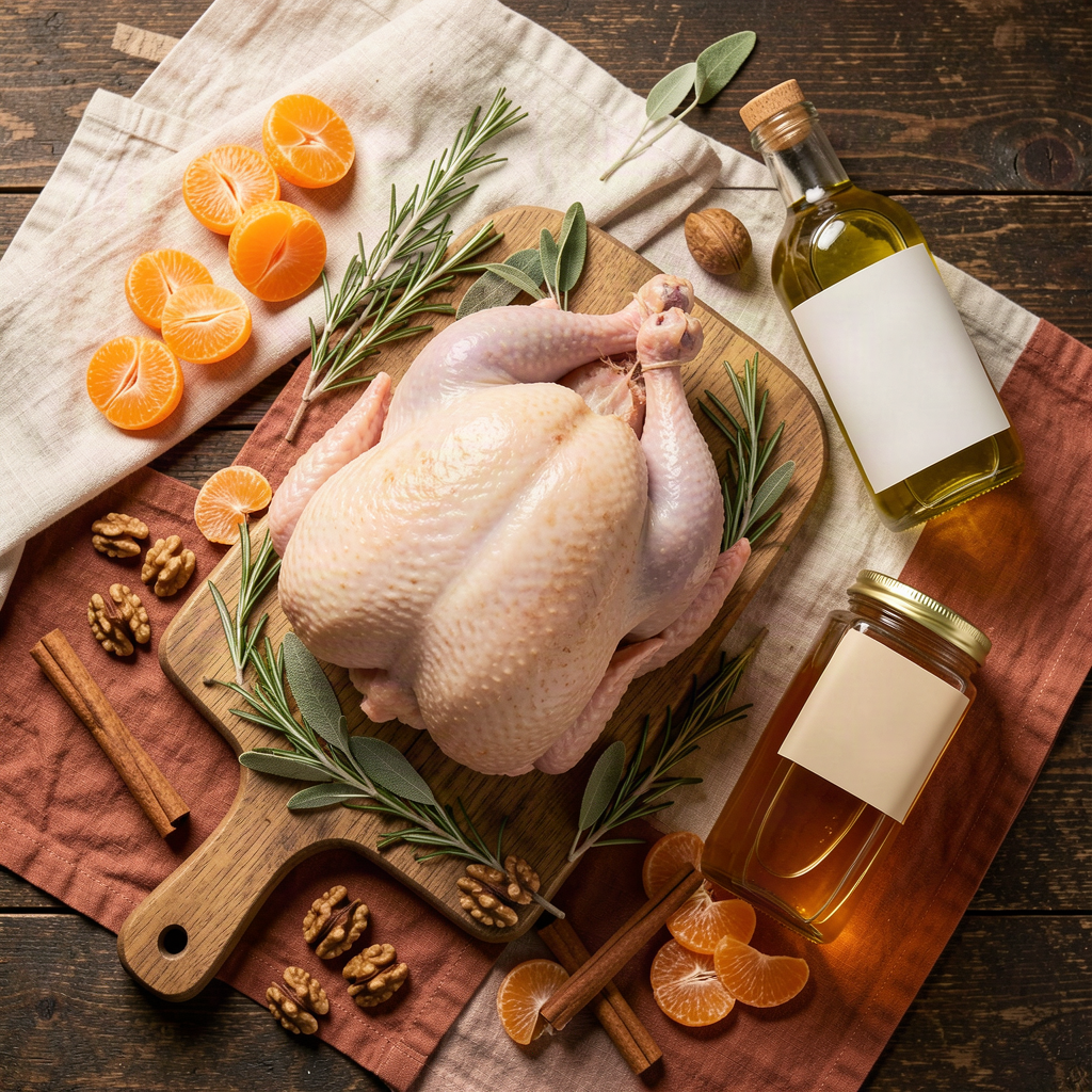 November Local Boy box flat lay — heritage turkey, mandarin olive oil, honey, rosemary, walnuts