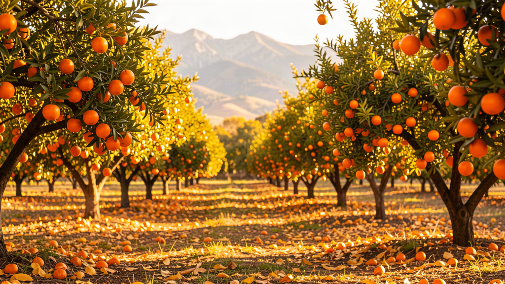 Mandarin orchard in the Sierra foothills at golden hour