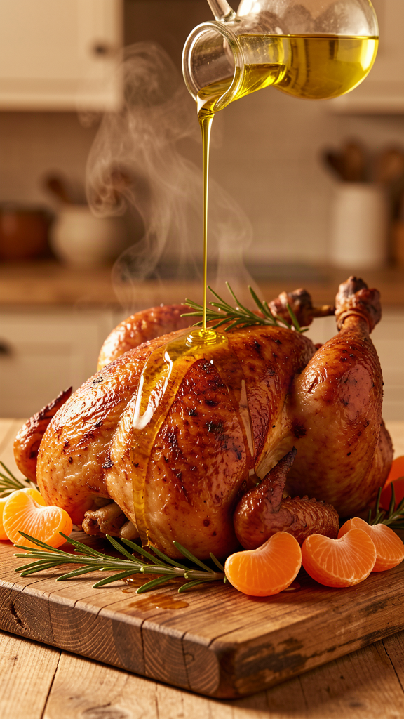 Olive oil drizzled over a roasted heritage turkey with mandarin oranges and rosemary