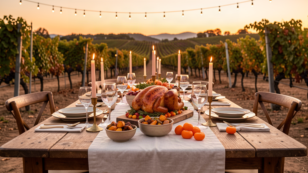 An outdoor harvest table set for a tasting in a California vineyard at golden hour